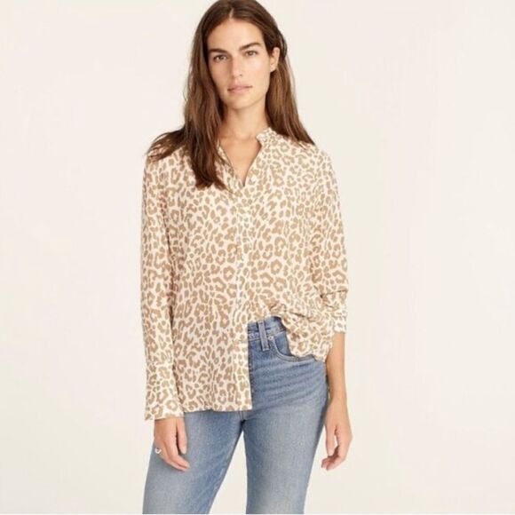 Jcrew Classic-fit collarless silk shirt in bold leopard - Picture 1 of 6